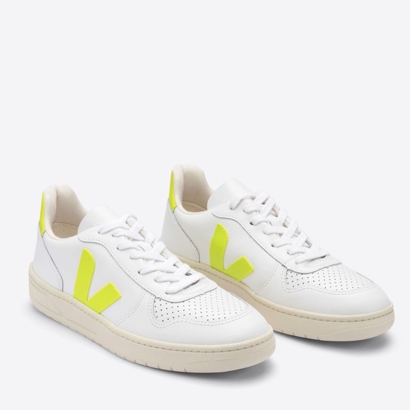 Veja V10 Leather White Jaune Fluo Sneakers Shoes - Picture 2 of 10